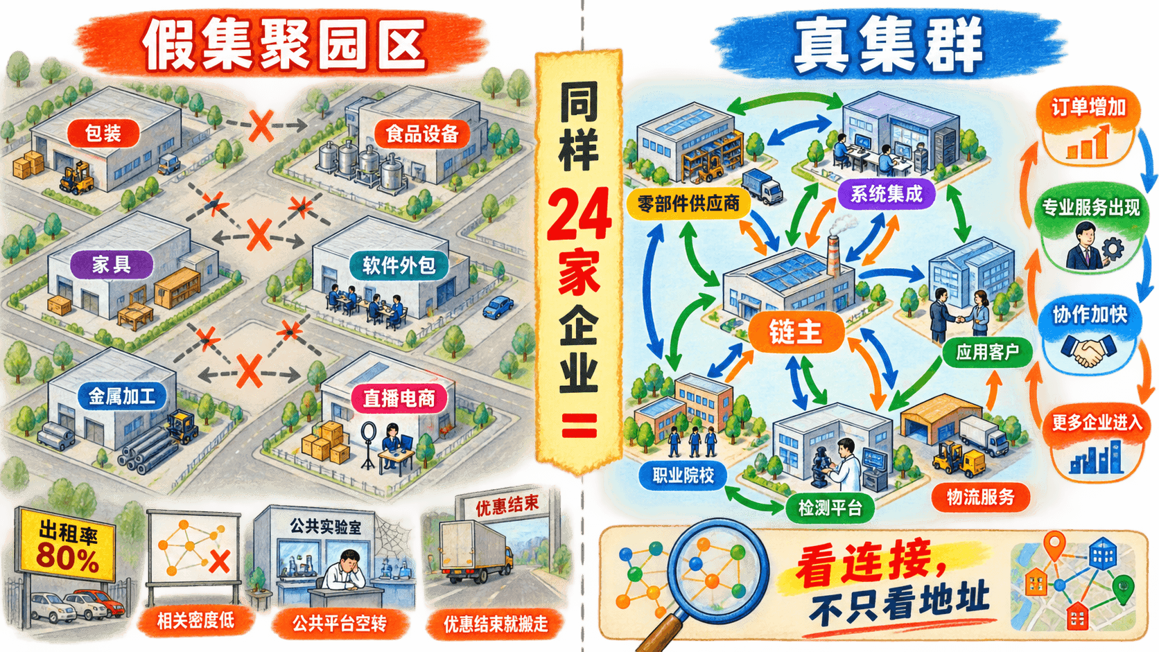 假集聚园区与真实产业集群连接关系对比图