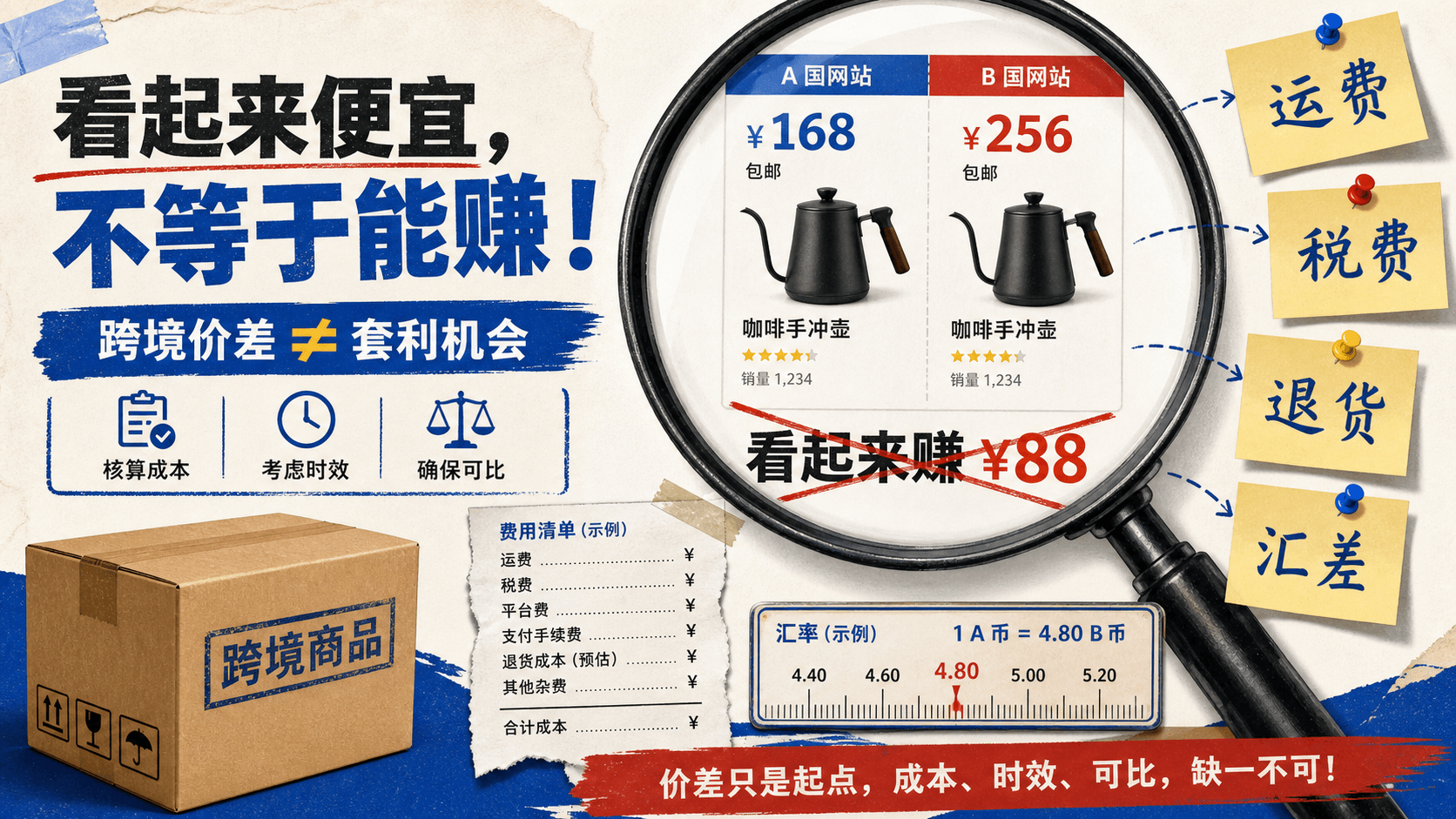 用放大镜审视价格截图,并核对运费、税费、退货和汇差的伪套利检查图