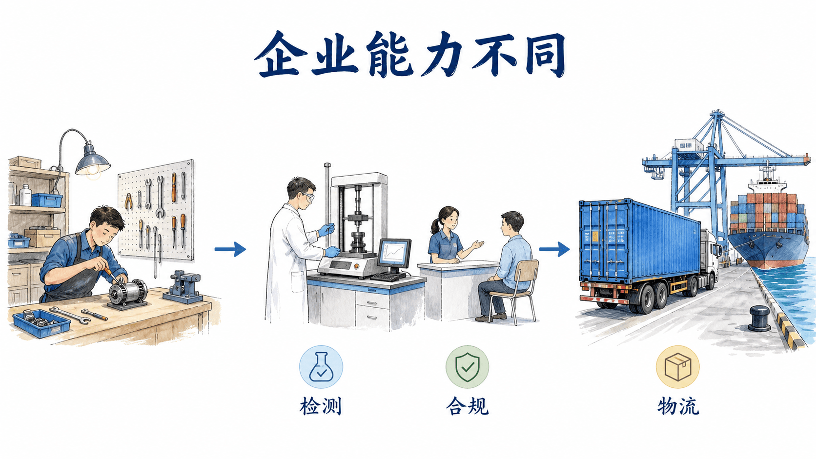 企业出口能力示意:小工坊经检测、合规和物流支持进入出口环节