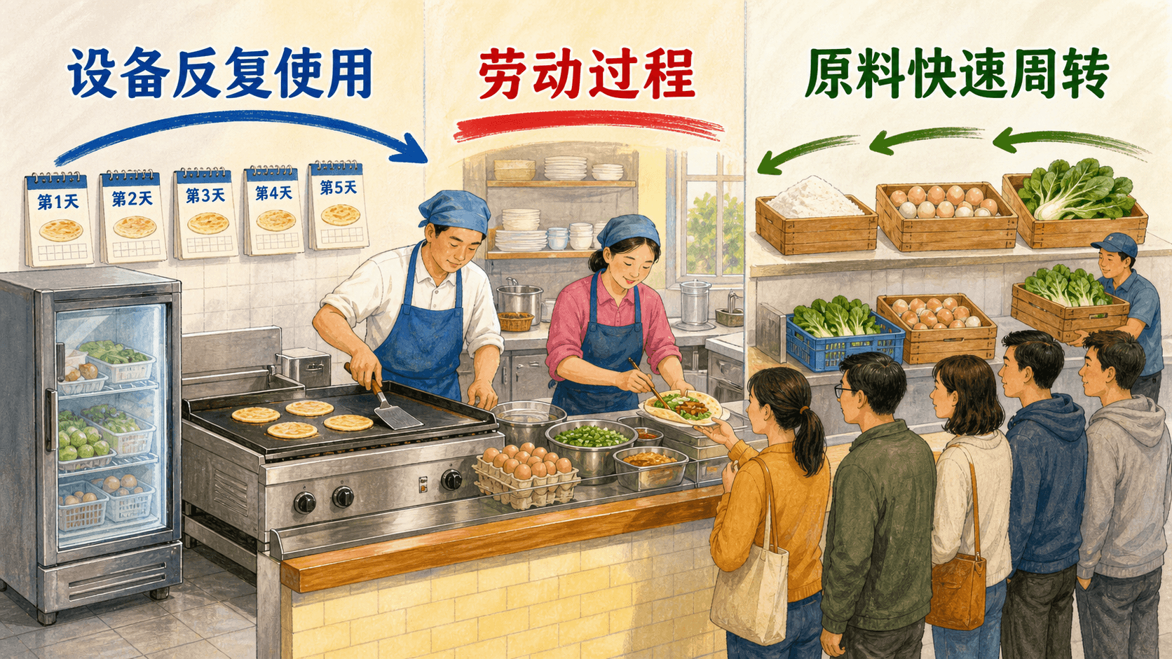 栖桥小食店中反复使用的冷藏设备、快速补给的原料和持续劳动的周转差异