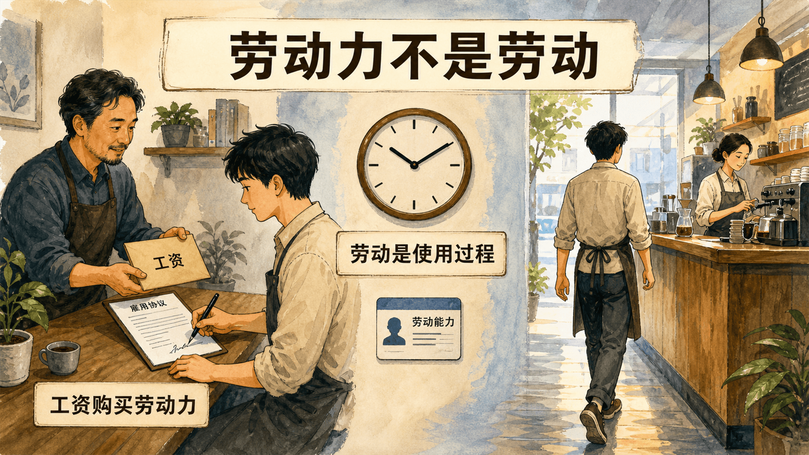劳动力而非劳动示意:合同与工资购买劳动能力,林晓在吧台实际劳动