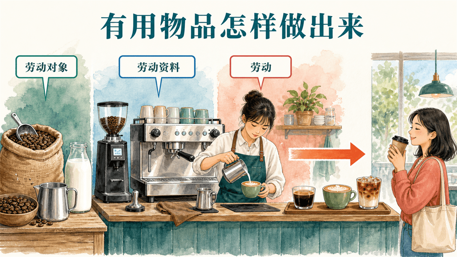 雾灯咖啡劳动过程三要素:林晓的劳动、咖啡豆等劳动对象与咖啡机等劳动资料