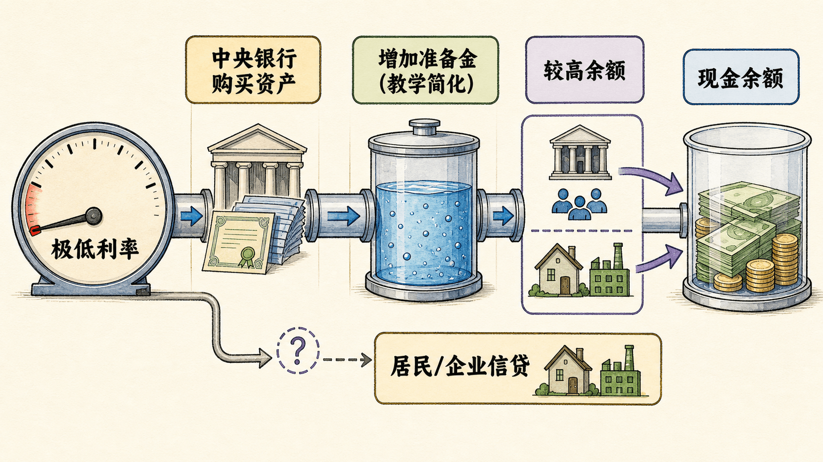 低利率仪表旁的分段管线展示政策操作、准备金、金融条件和公众持币偏好之间可能衰减的传导