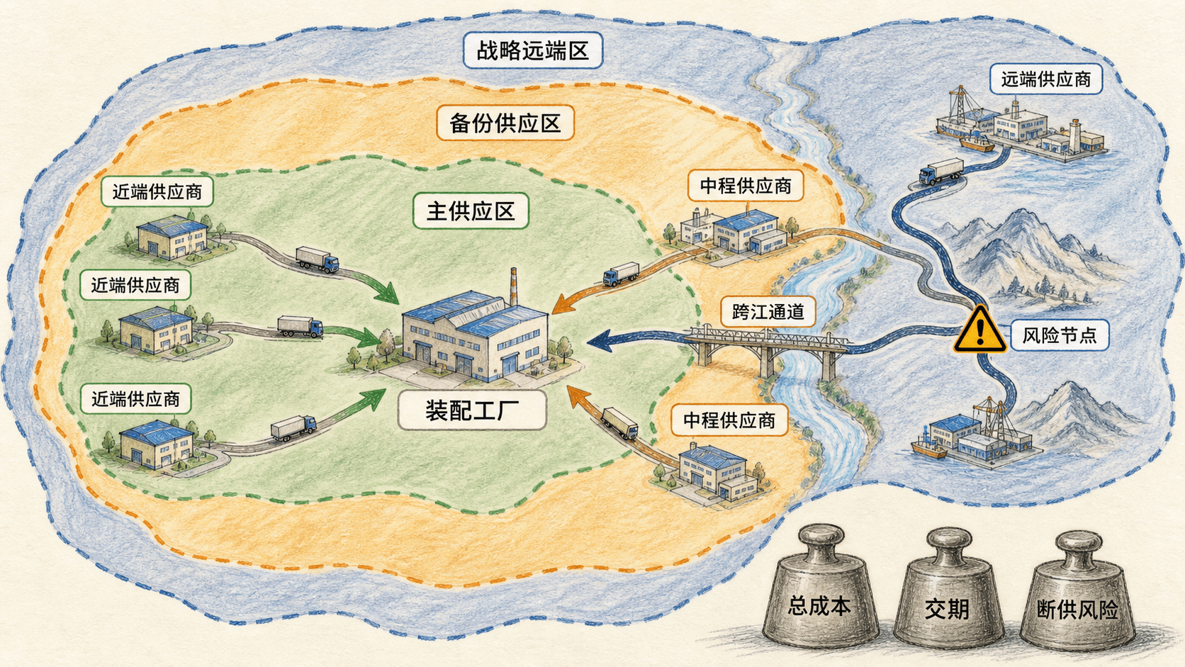 制造业多层供应区域 装配工厂、近中远端供应商、跨江通道和风险节点共同构成主供应区、备份区与战略远端区