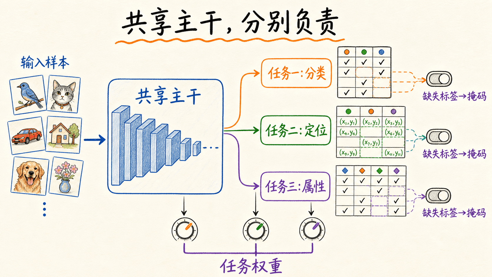 共享主干、任务头、缺失标签掩码与任务权重示意图