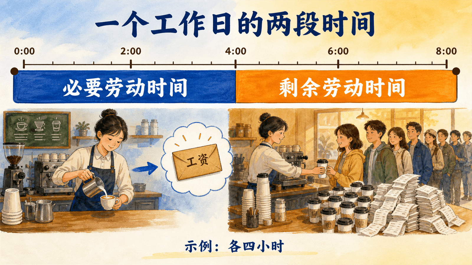 八小时班次时间轴:前四小时必要劳动、后四小时剩余劳动及对应新增价值