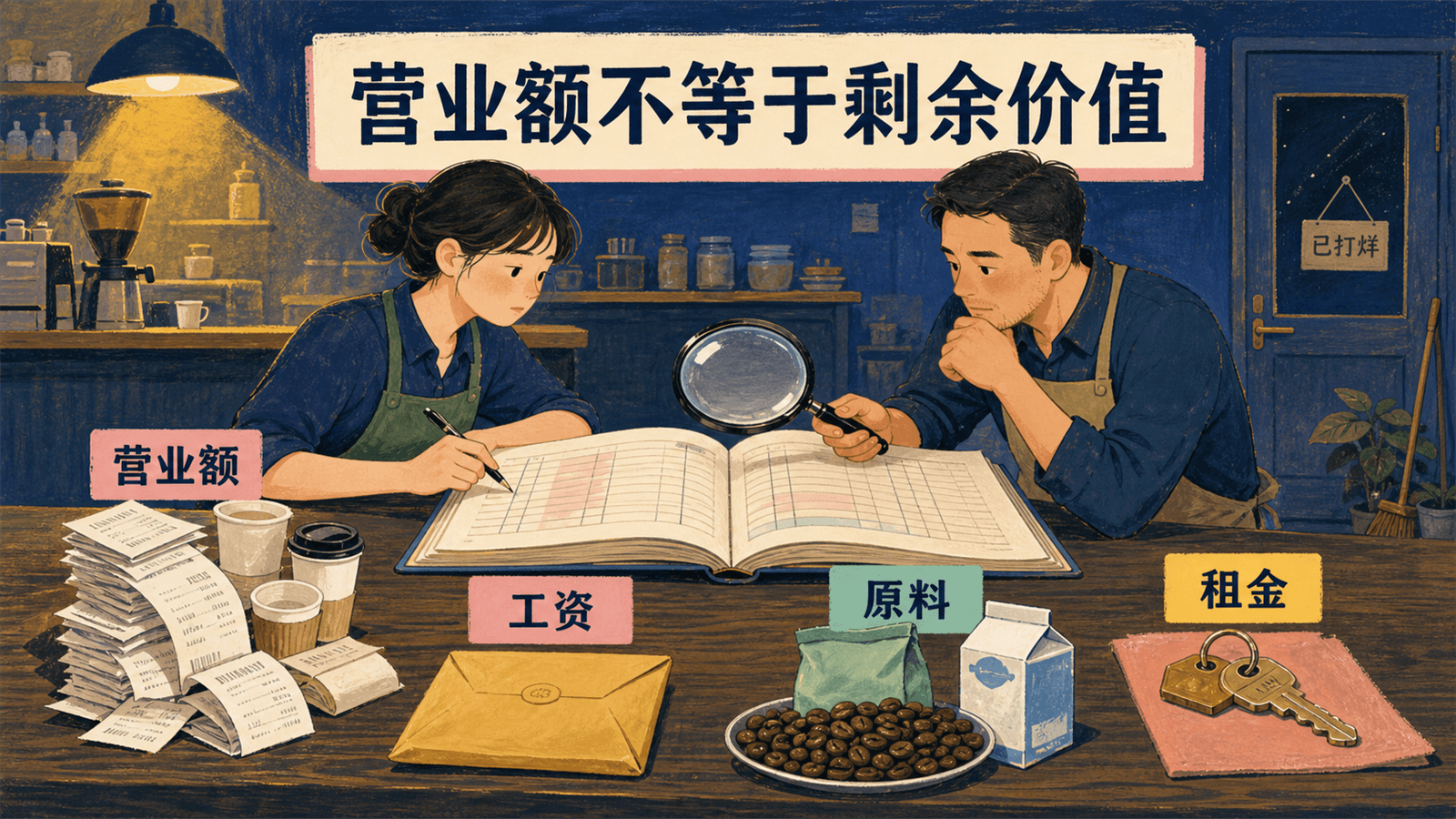 雾灯咖啡账本分栏示意:销售额、工资、原料与机器损耗以及新增价值不能混同