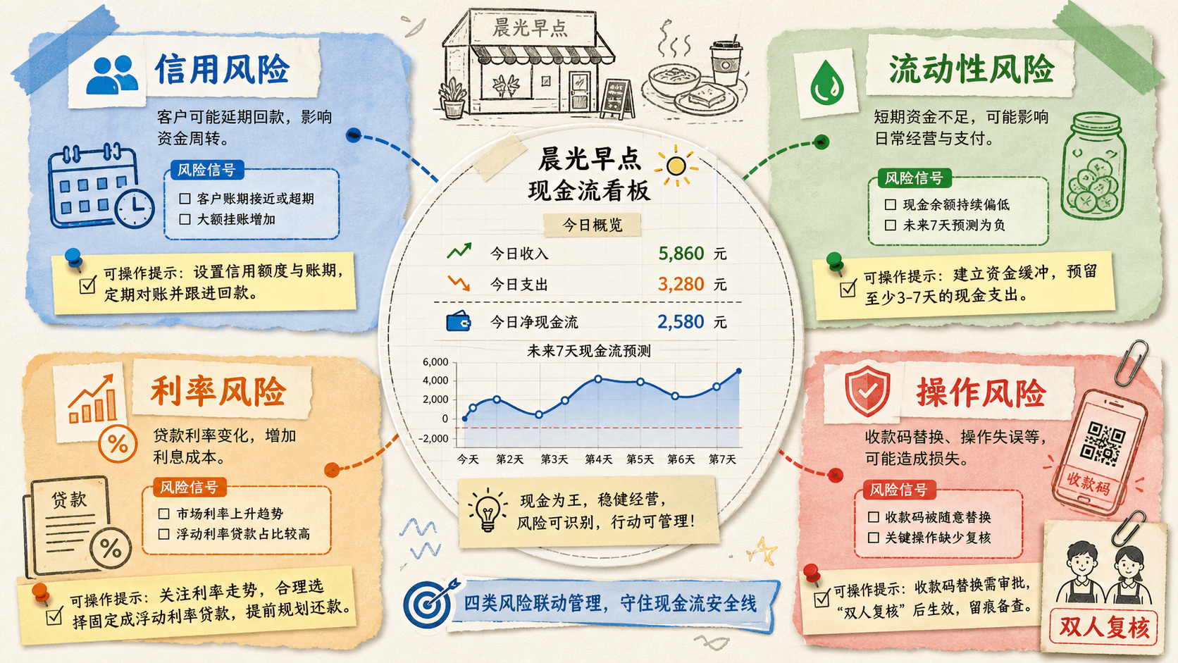 以早点店现金流为中心,信用、流动性、利率和操作风险四个模块环绕的中文拼贴图解