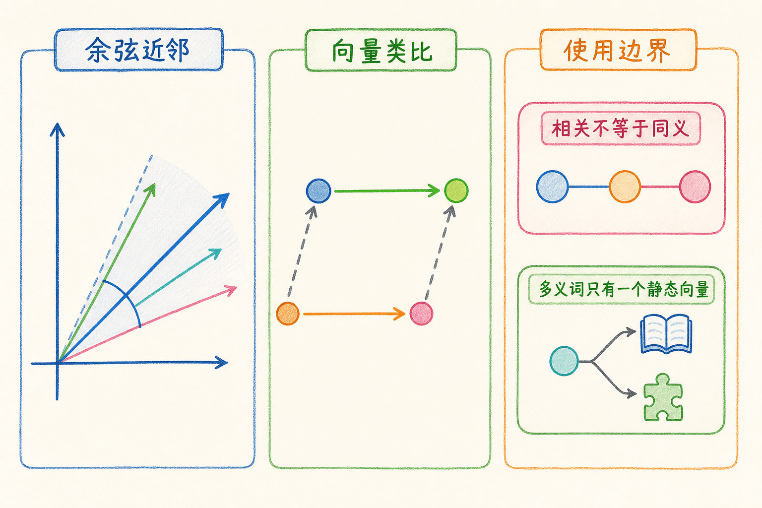 余弦近邻、向量类比、相关性与多义词边界