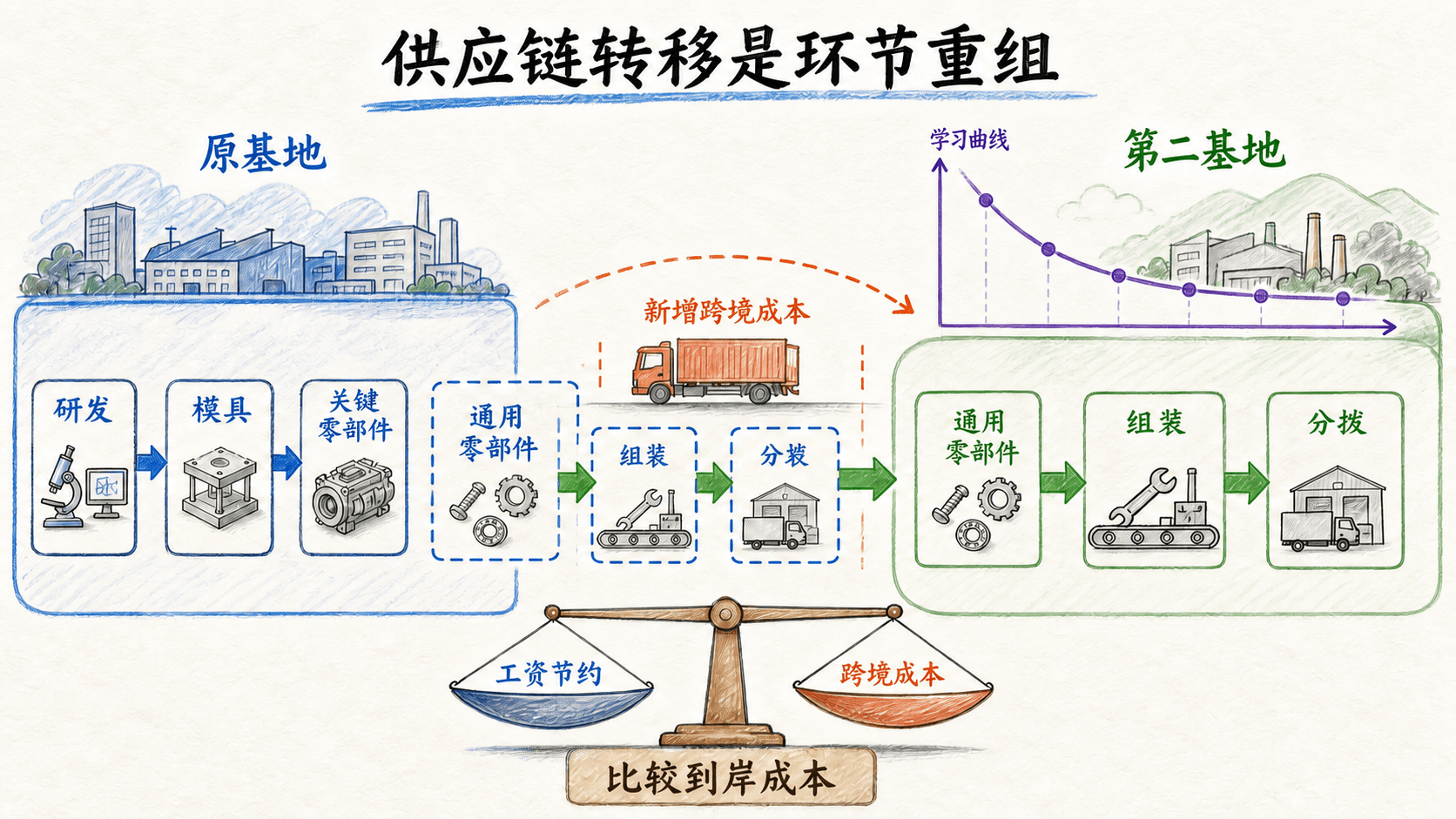 手绘原基地与第二基地之间的供应链环节重组,展示研发、模具、关键零部件、通用零部件、组装和分拨的重新配置,以及跨境成本和学习曲线