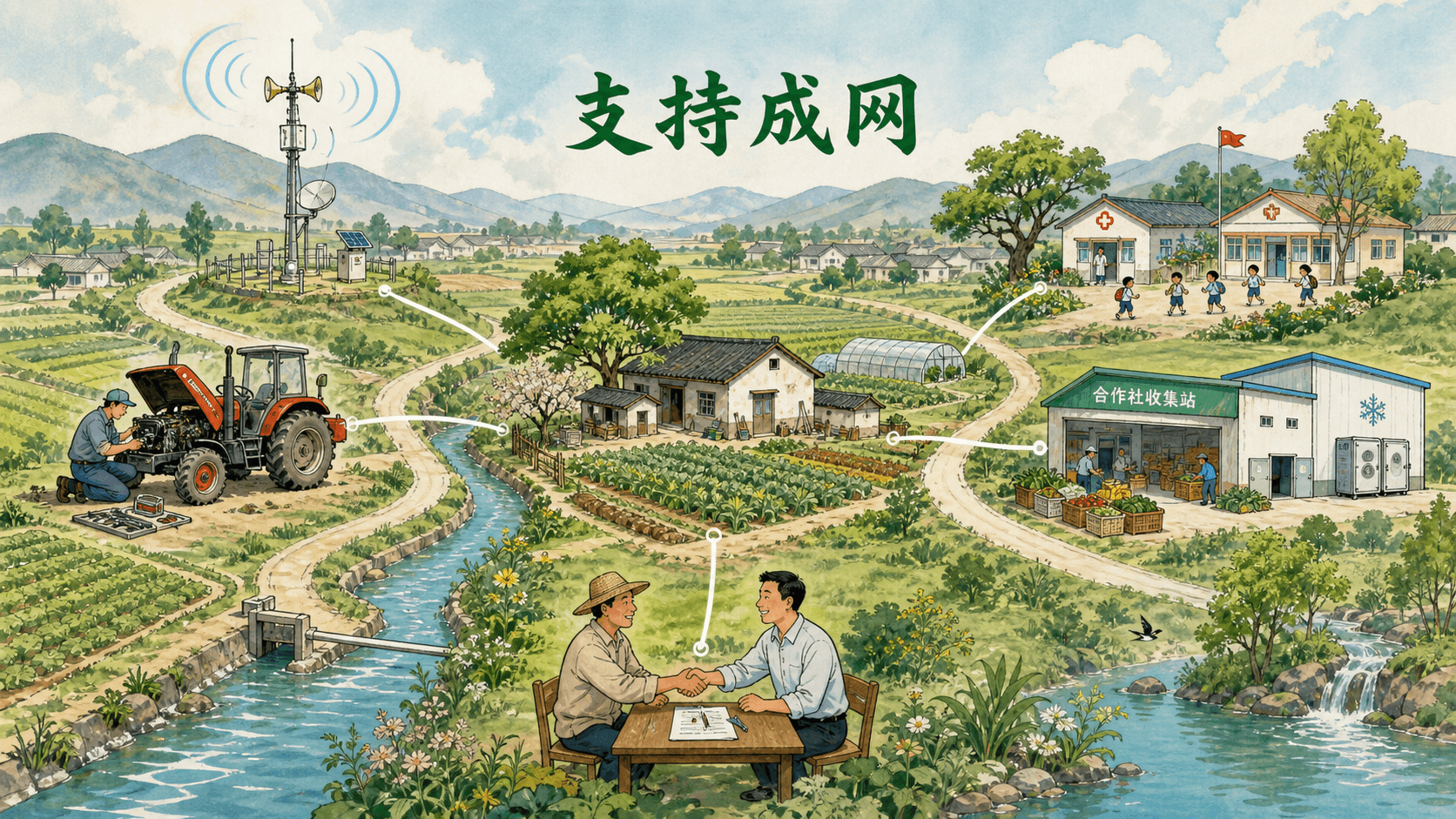 技术、维修、冷链、合同、气象和公共服务连成乡村支持网络的示意图