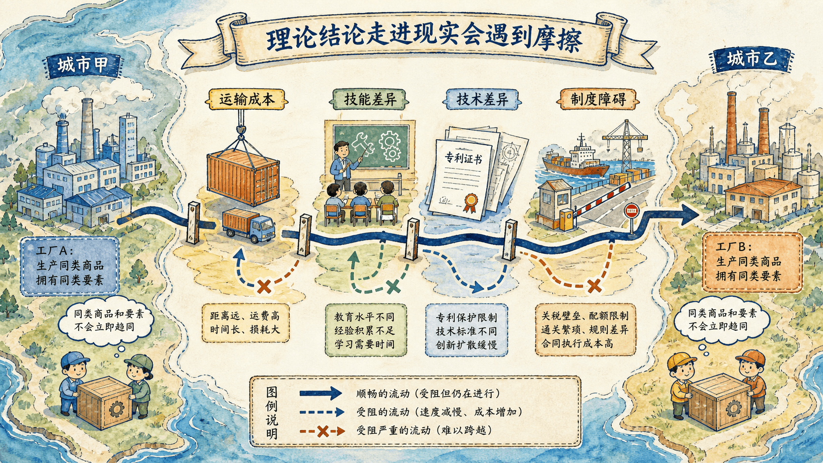 理论与现实之间的摩擦:两地贸易路线被运输、技能、技术与制度差异分段阻滞