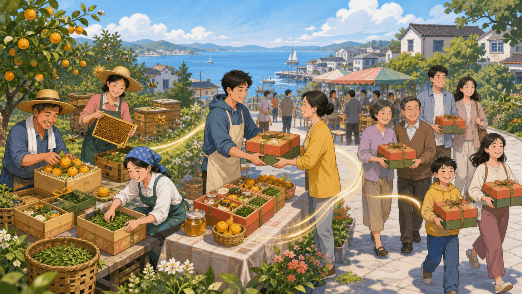 礼盒从供货农户流向最需要的家庭,展示资源配置和共同受益