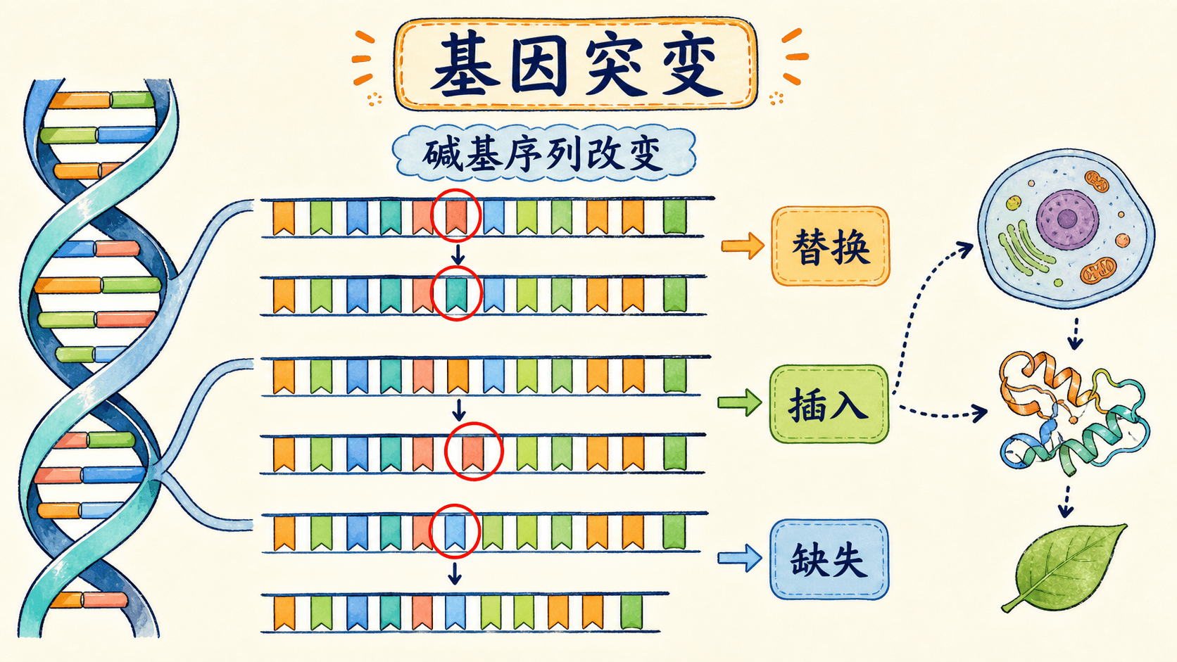 可遗传变异的主要来源 基因突变、基因重组和染色体变异对应遗传物质不同层次的示意图