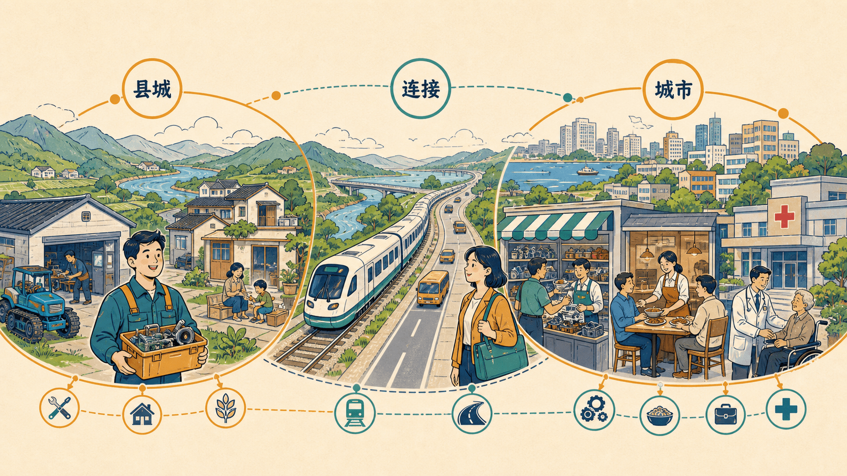 县城农机维修、通勤铁路和城市市场医疗服务相连的彩色手绘多中心网络图。