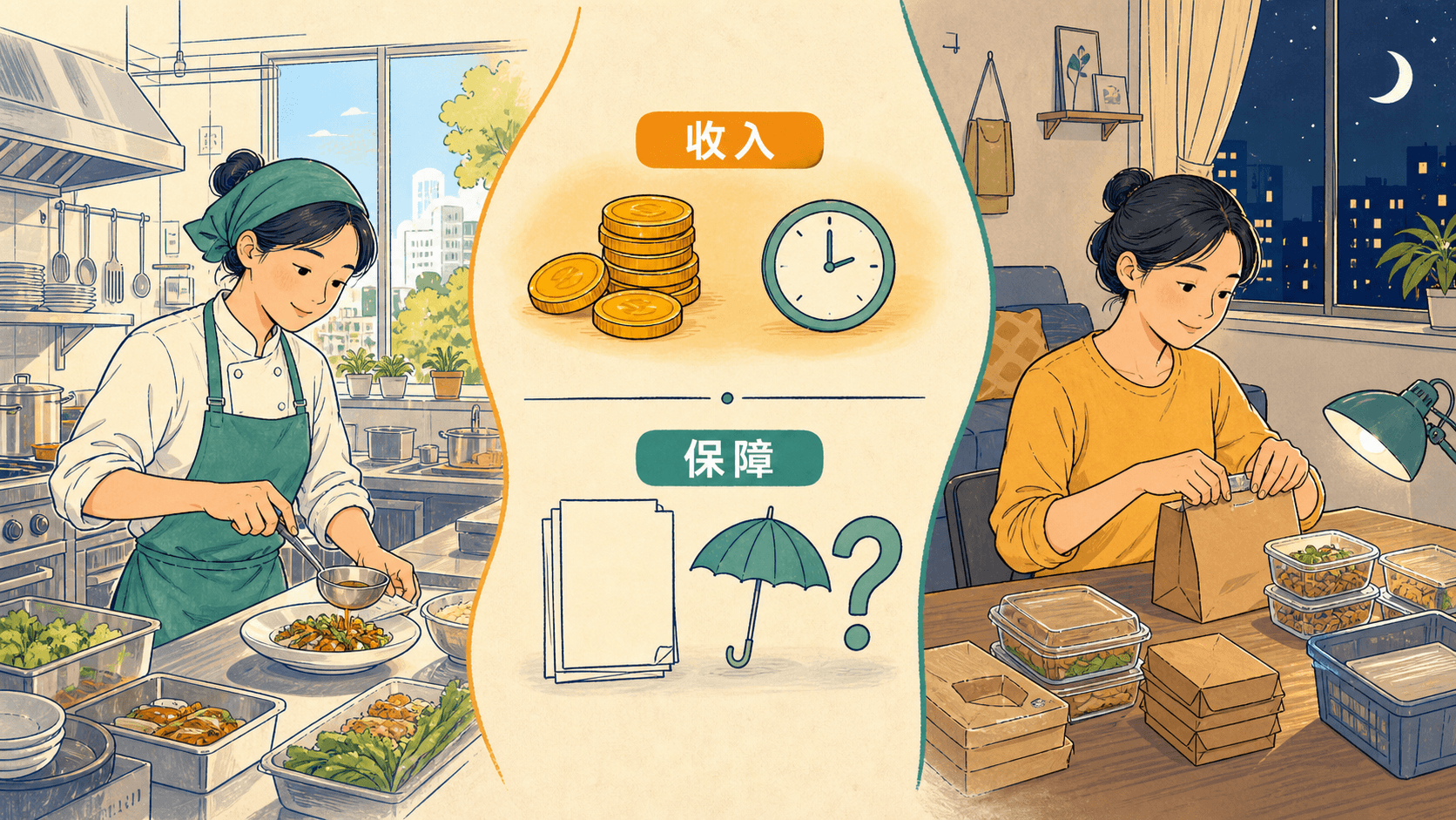 女性劳动者白天做餐饮工作、夜间做食品包装零工,中央对比收入与保障的彩色手绘图。