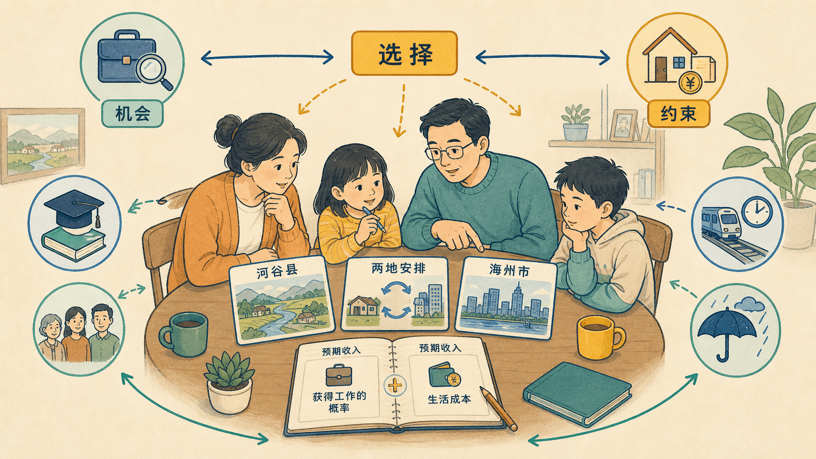一家人围桌比较河谷县、两地安排和海州市,周围展示机会、约束和选择的彩色手绘图。