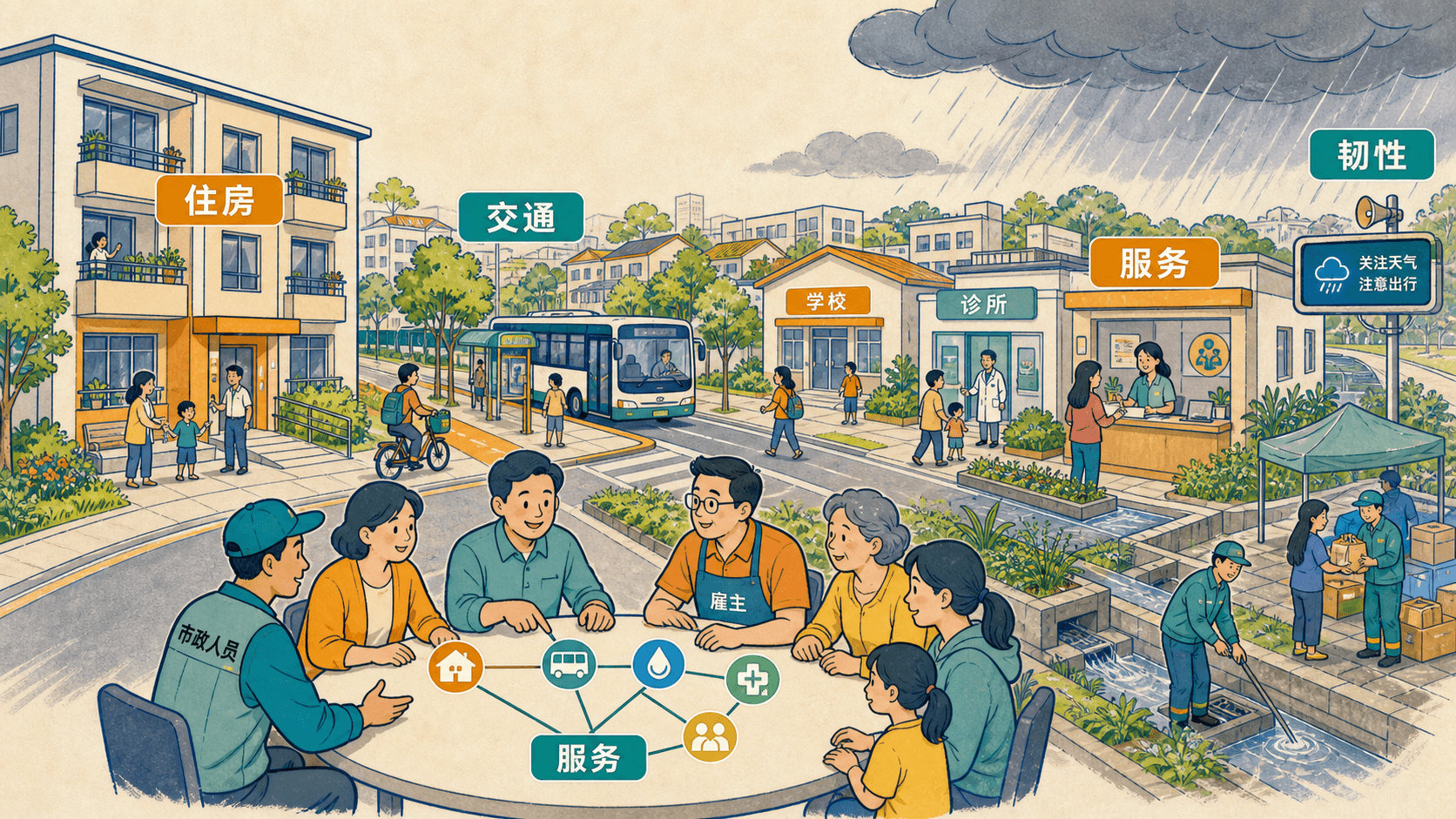 住房、公交、学校、诊所、排水和社区协作共同提升韧性的彩色手绘社区图。