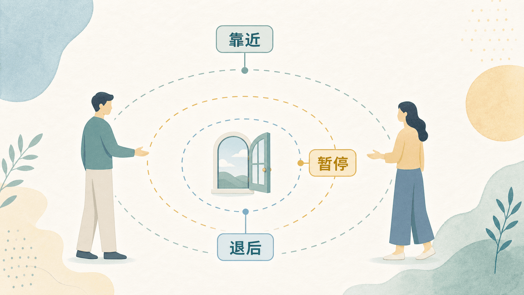 用可开合门与同心边界呈现格式塔疗法中靠近、暂停和退后三种接触选择的中文图解