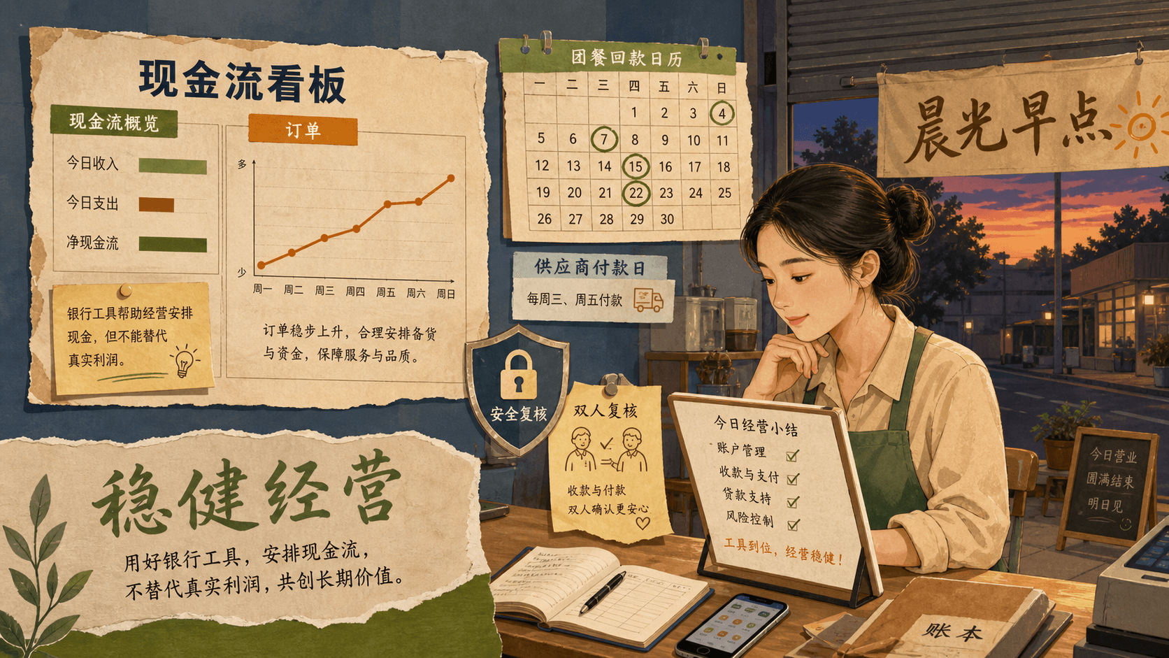 晨光早点傍晚打烊时店主查看现金流看板、订单与安全复核提示的中文拼贴收束图