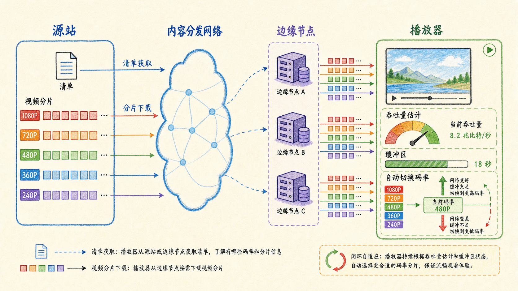 DASH 与 CDN 视频分发:源站提供清单和多码率视频分片,内容分发网络把内容送到边缘节点,播放器依据吞吐量和缓冲区自动切换码率。