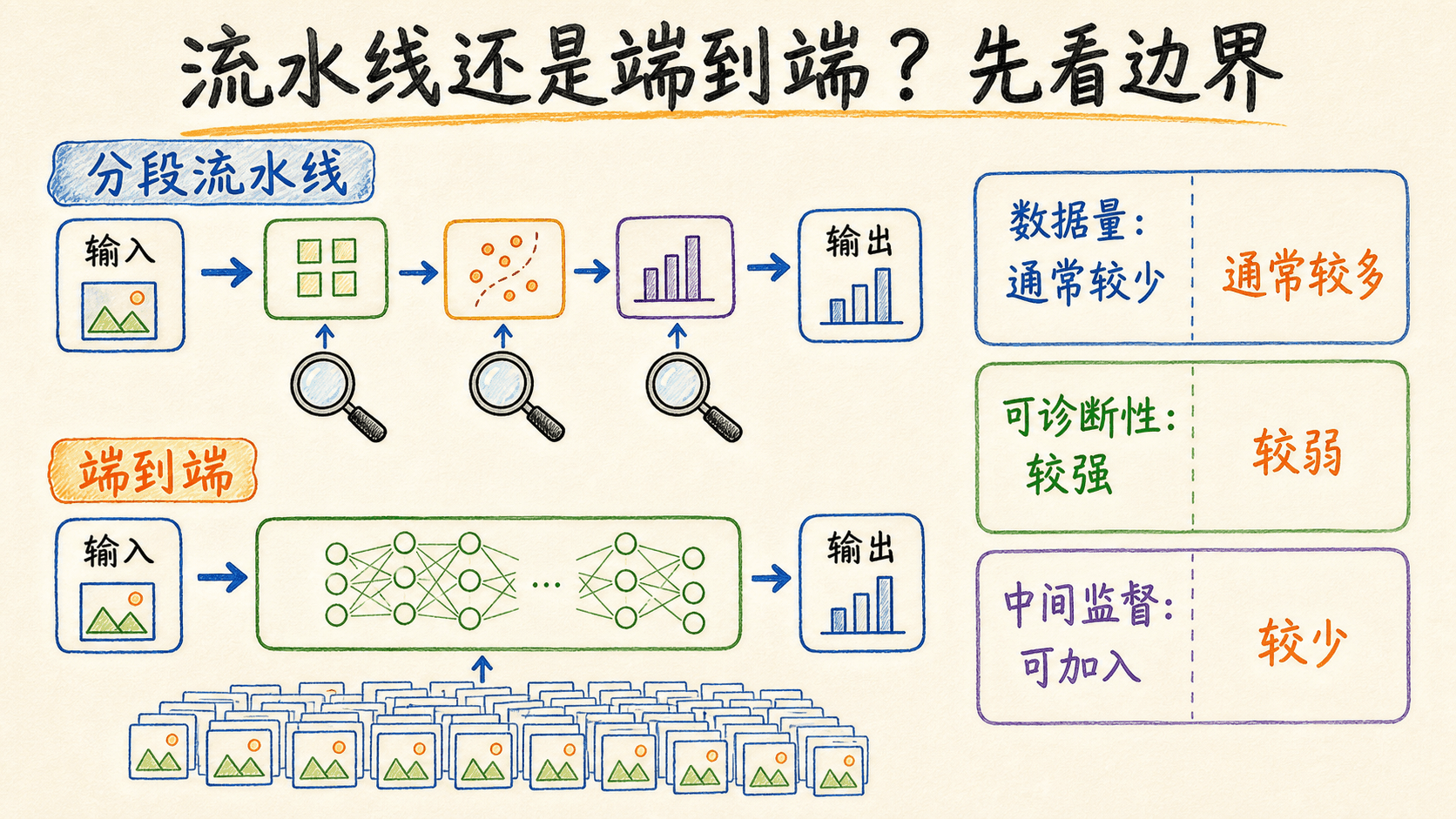 流水线与端到端学习在数据量、诊断性和中间监督上的边界