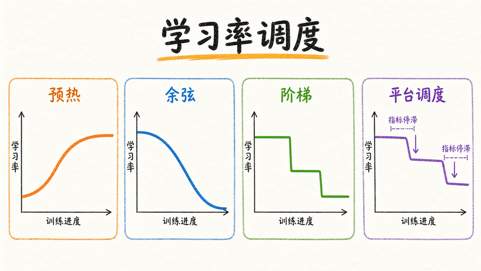 预热、余弦衰减、阶梯衰减与平台调度