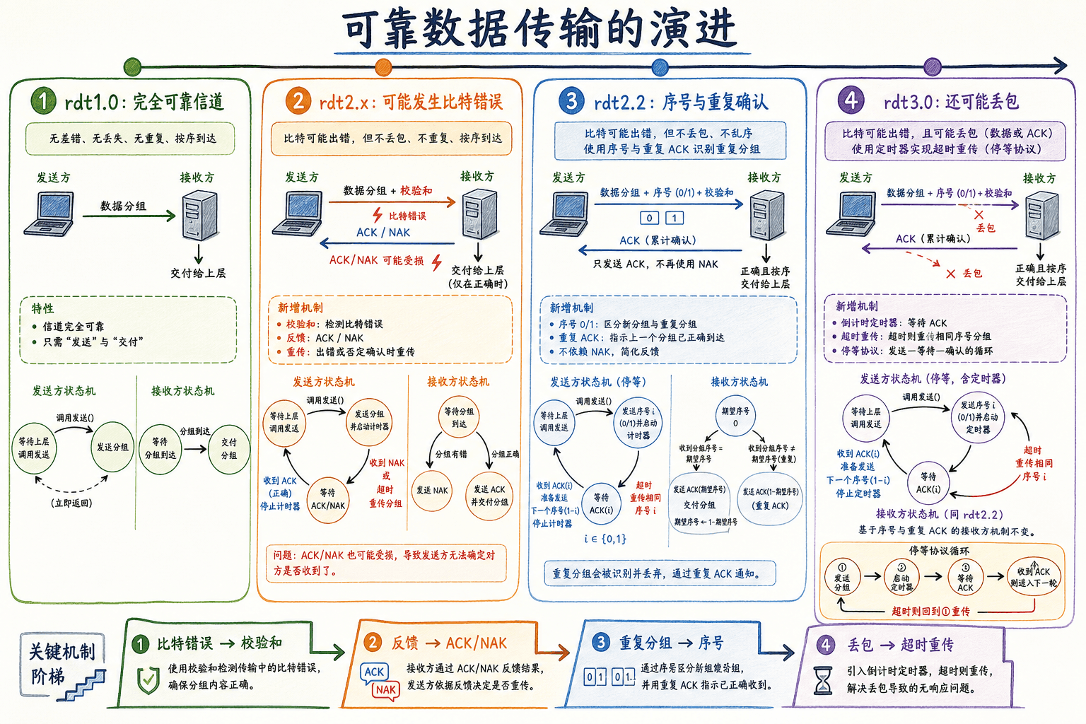 可靠数据传输演进:从完全可靠信道逐步加入比特错误、ACK 与 NAK、0/1 序号以及计时器和超时重传。