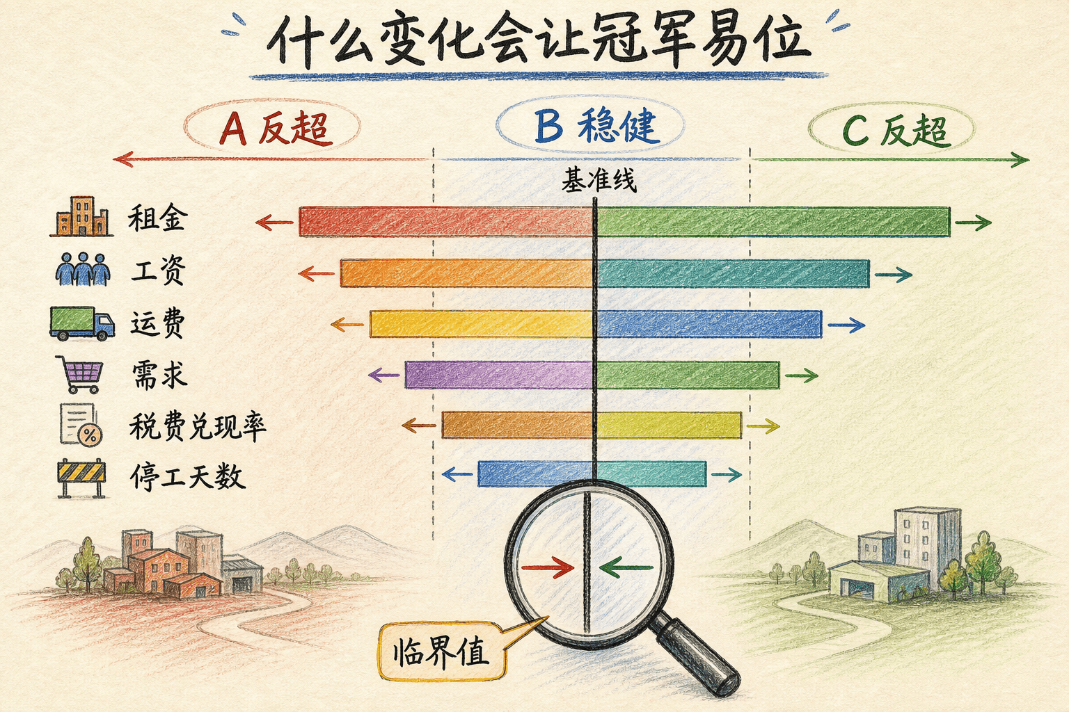 租金、工资、运费、需求、税费兑现率和停工天数变化推动候选地排名反转的手绘敏感性龙卷风图