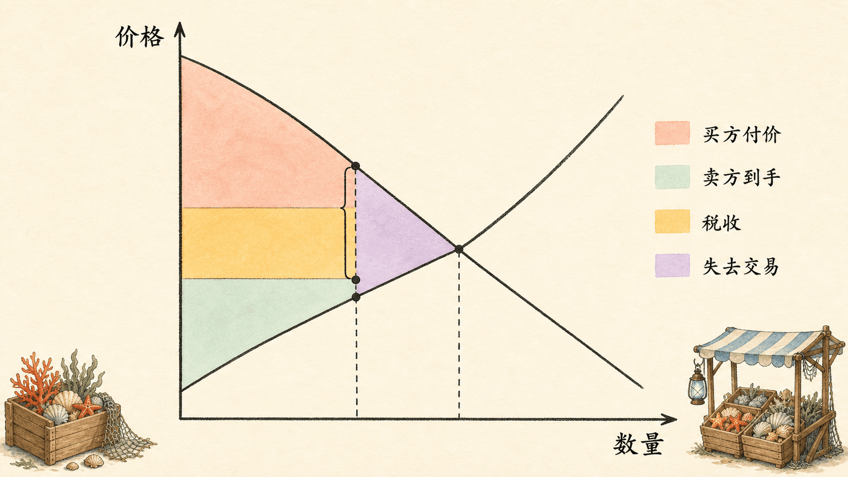 供需曲线之间的税楔将买方支付与卖方到手分开,税收矩形和被取消交易的无谓损失三角形清晰可见