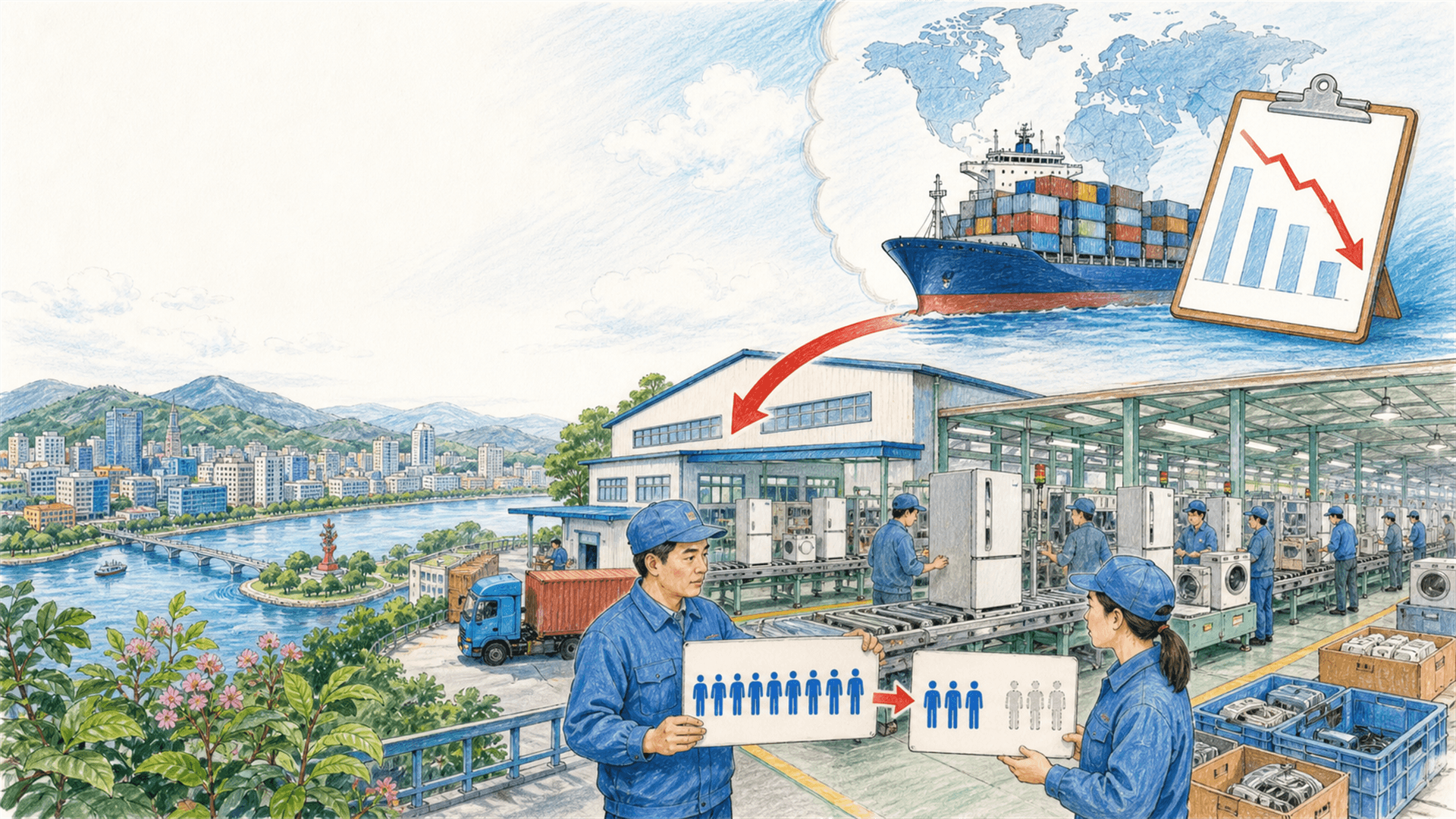 订单减少后,澜江市工厂、家庭、银行与公共部门受到同一轮经济冲击的场景