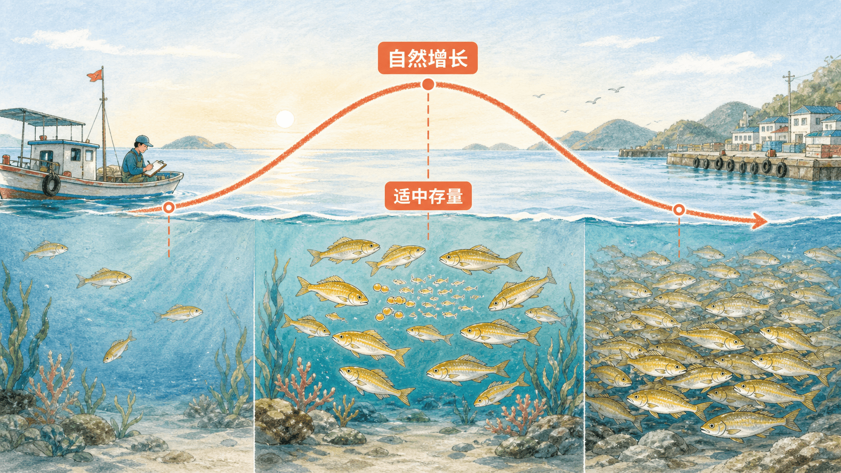 青屿湾黄花鱼在低、中、高存量下的数量变化,橙色曲线标示适中存量时自然增长最快。