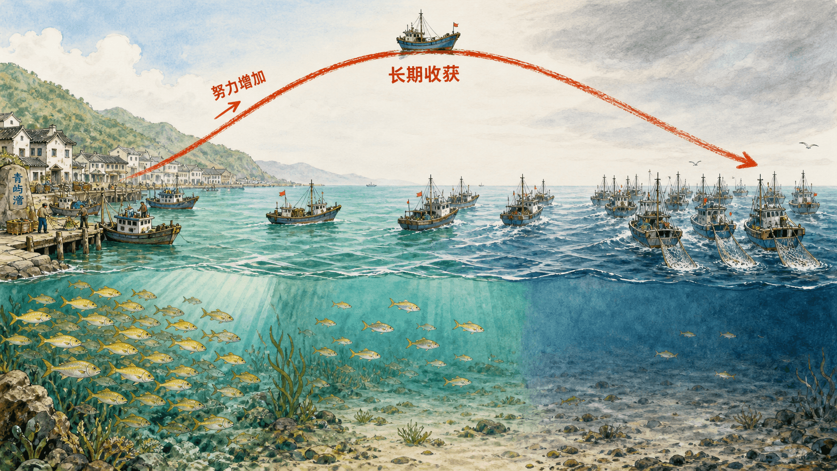 随捕捞努力增加,渔船由少到多、鱼群由多到少,弧线展示长期收获先升后降。