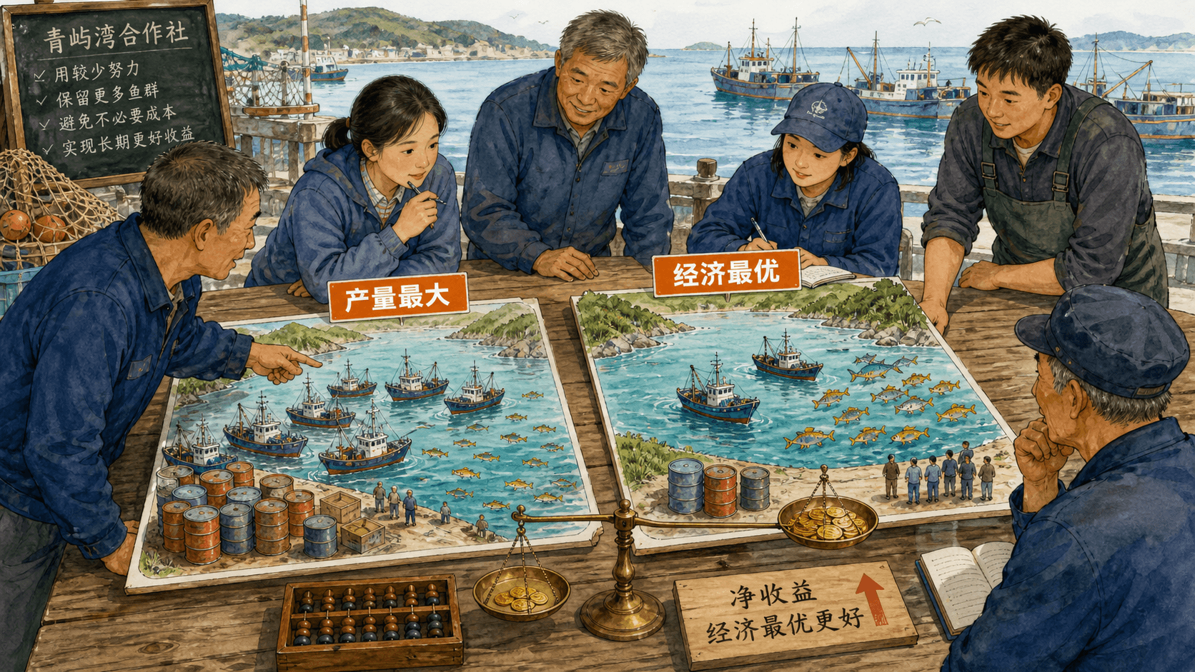 青屿湾合作社比较产量最大与经济最优两种捕捞方案,经济最优保留更多鱼群并减少不必要成本。