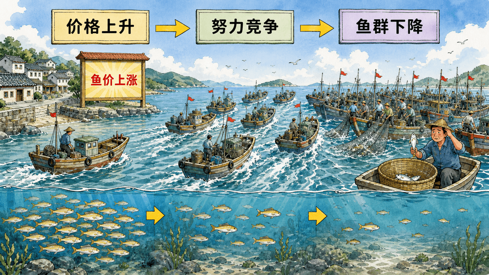 鱼价上涨引发更多渔船竞争捕捞,海中黄花鱼群逐步减少的因果示意。