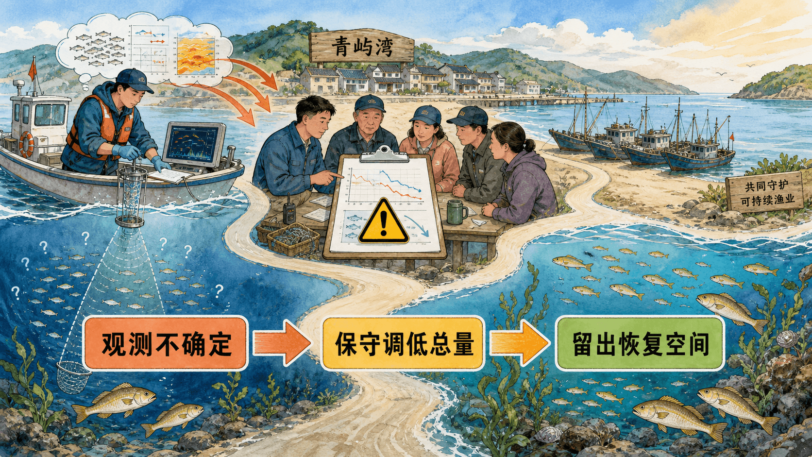 面对观测不确定性,青屿湾合作社通过保守调低总量、加强监测,为鱼群恢复留出空间。