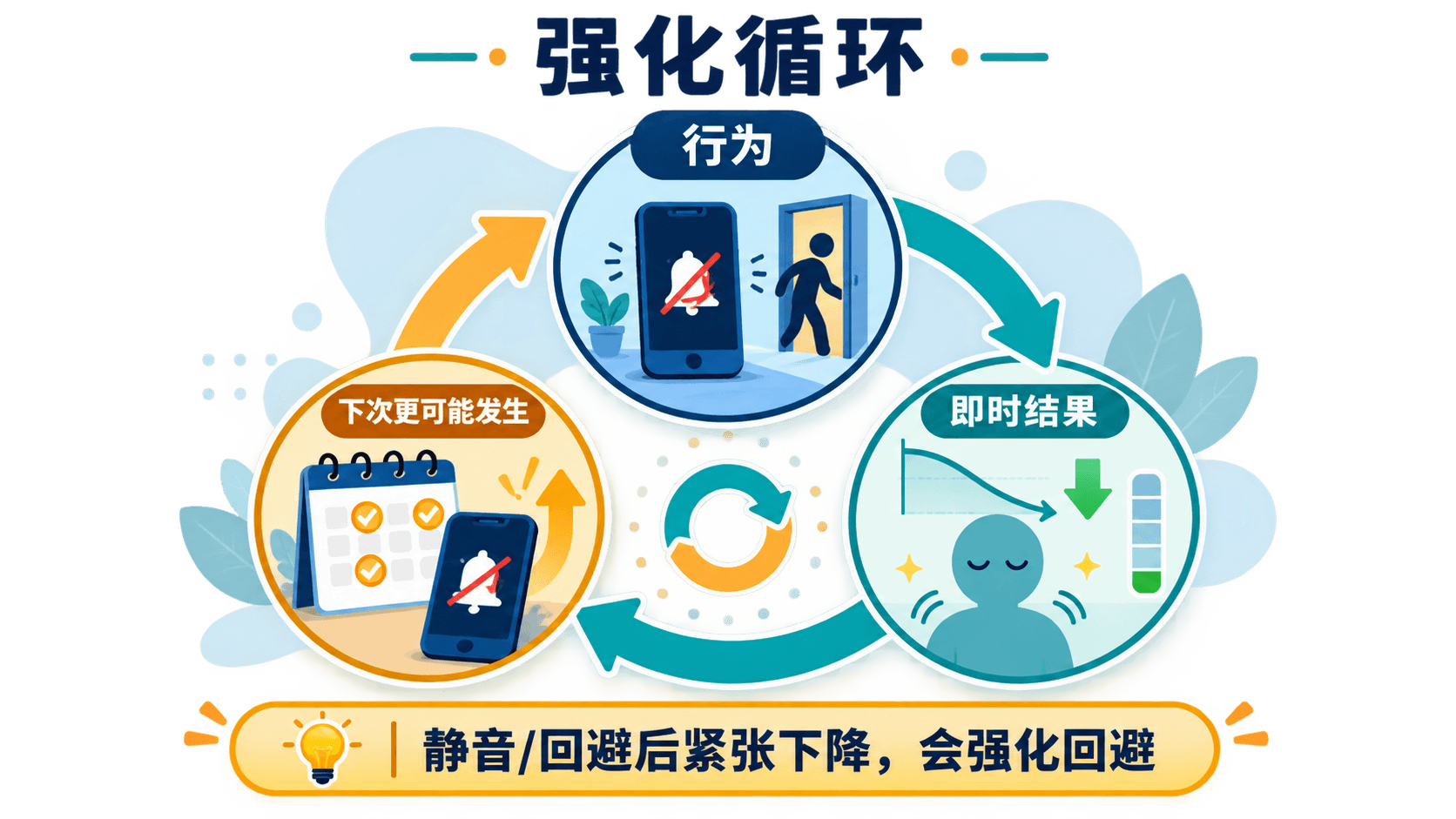 行为、即时结果与未来选择概率相互影响的强化循环科学图解
