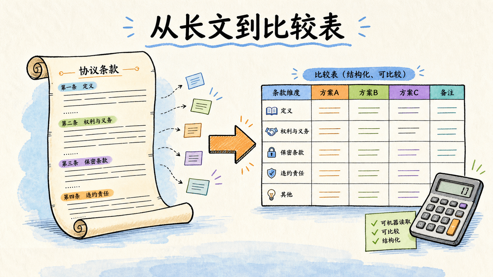 把长篇协议拆成可以比较的结构化表格