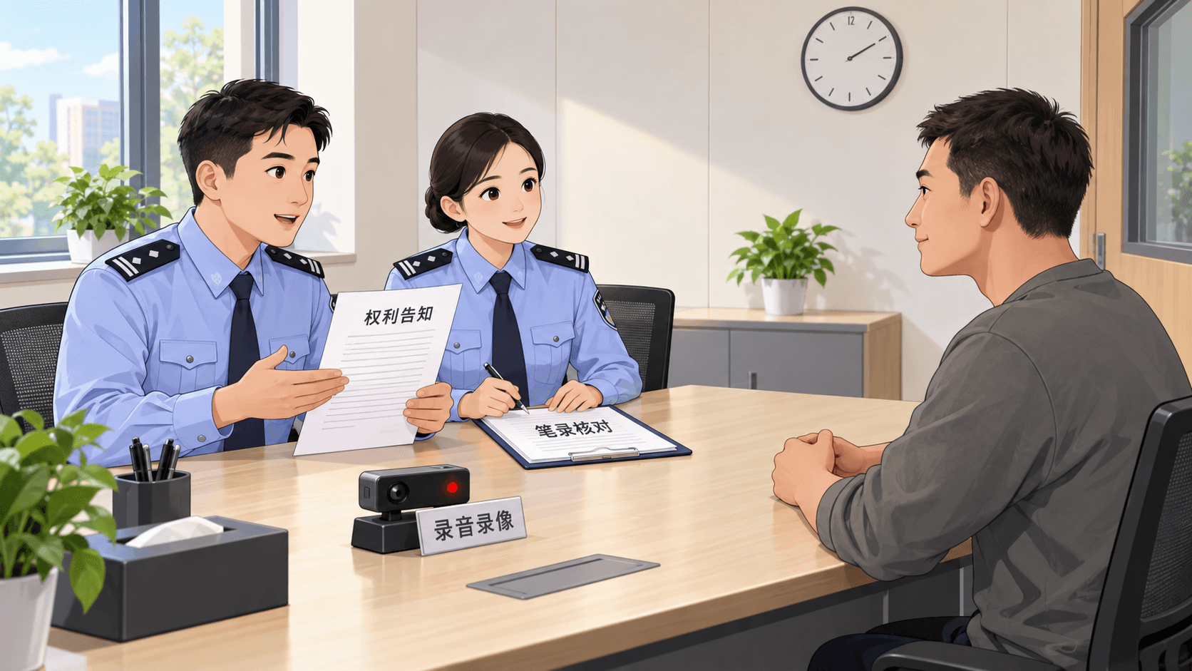 两名办案人员在明亮、规范的房间内向相关人员告知权利,桌面留有笔录和录音录像提示