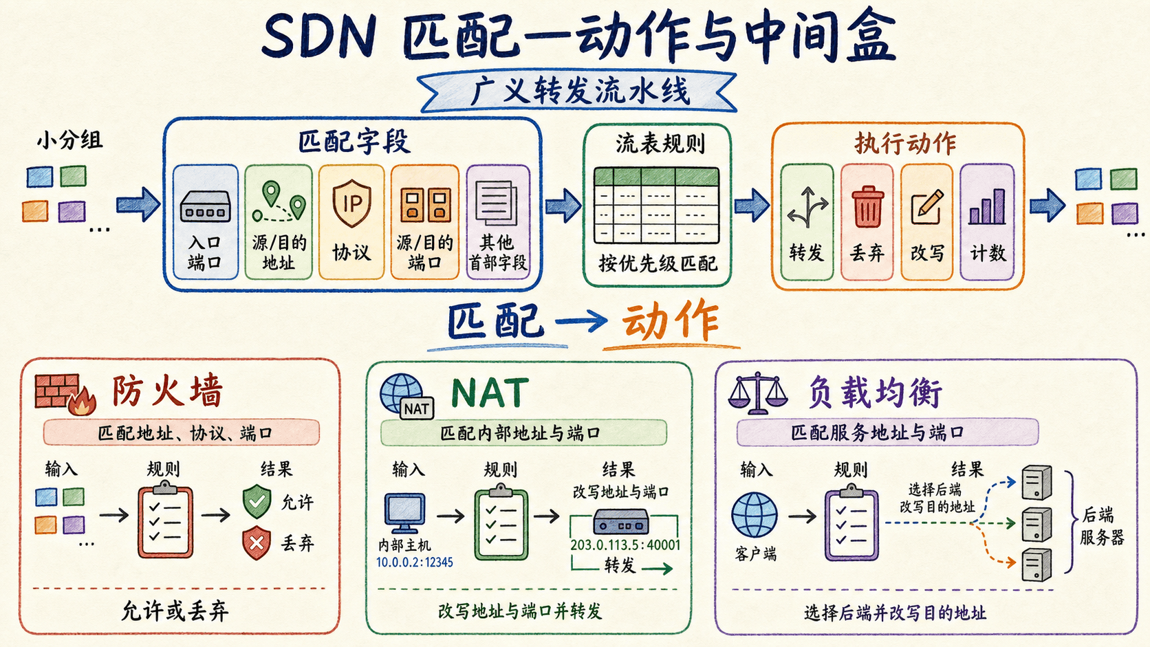 SDN 匹配加动作与中间盒:数据包按入口、地址、协议和端口匹配流表,再执行转发、丢弃、改写或计数;防火墙、NAT 和负载均衡是常见应用。