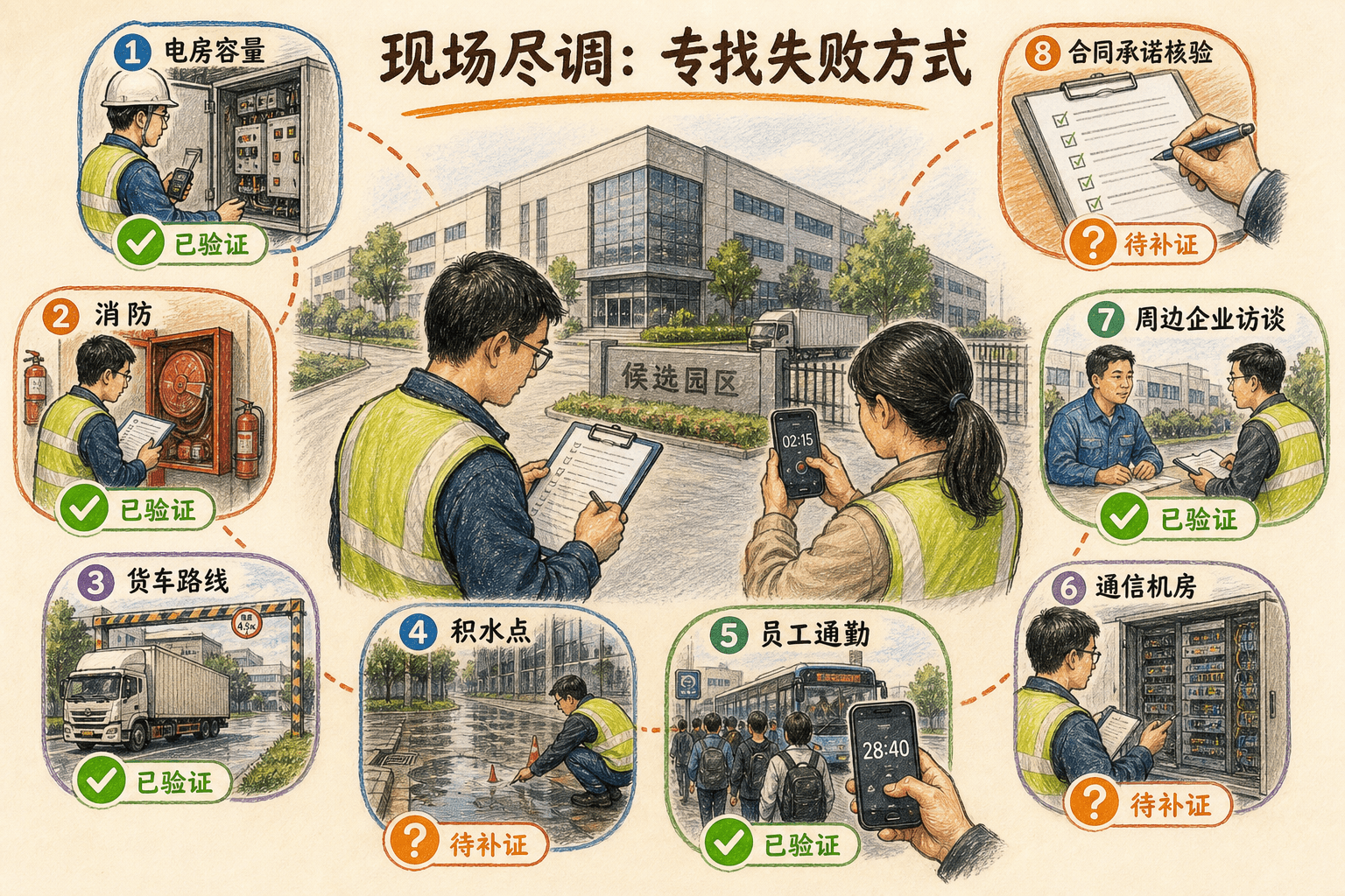项目成员在候选园区逐项核验电房、消防、货车路线、积水点、员工通勤、通信机房、周边企业访谈和合同承诺