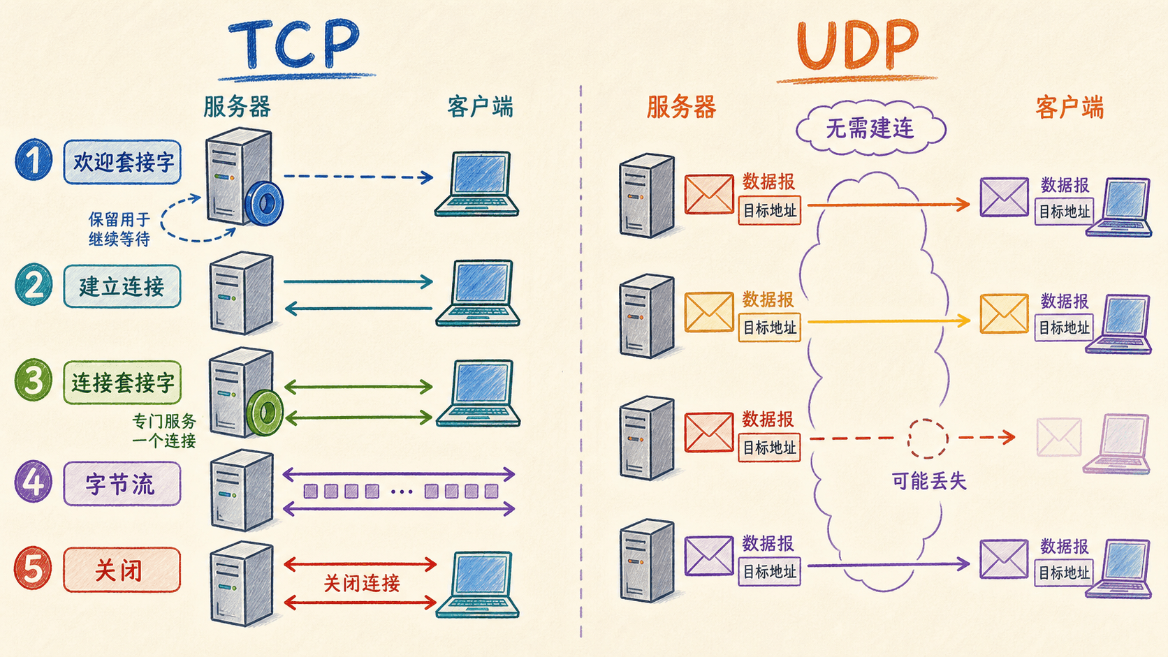 TCP 与 UDP 套接字生命周期:TCP 经欢迎套接字、建立连接、连接套接字、字节流到关闭;UDP 无需建连,每个数据报携带目标地址且可能丢失。