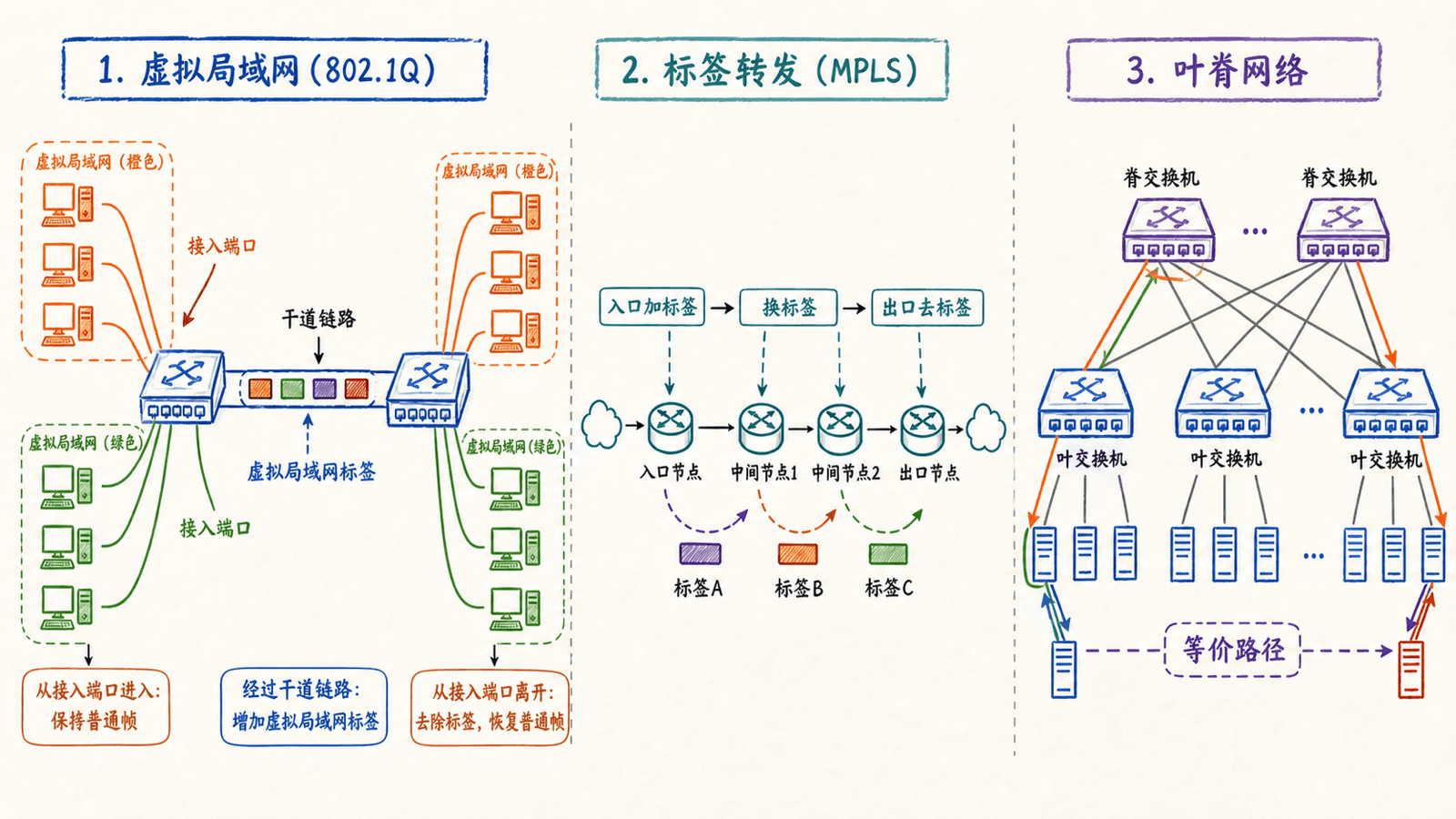 VLAN、MPLS与数据中心:接入端口和干道标签处理、MPLS标签交换,以及叶脊网络的等价路径。