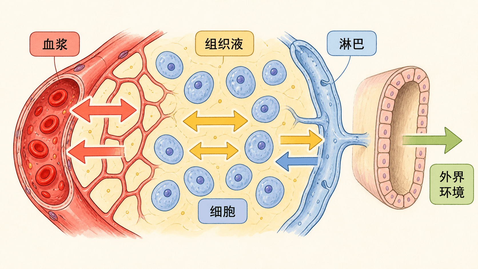 细胞生活的内环境 血浆、组织液和淋巴液相互联系并服务组织细胞的示意图