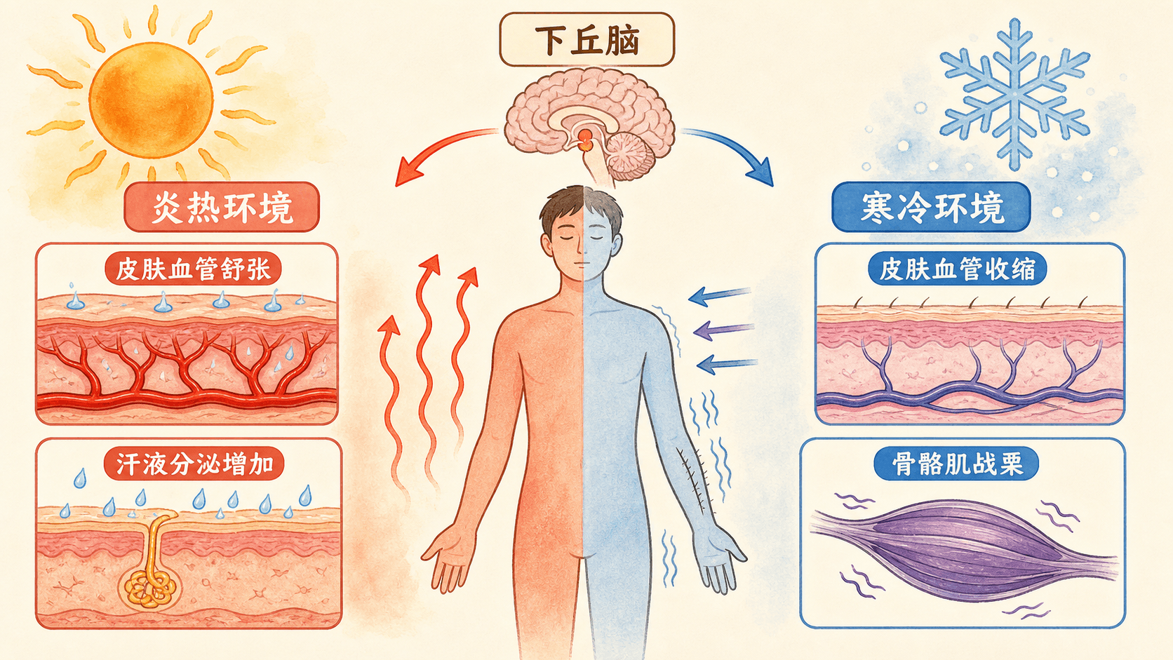 体温调节的方向 寒冷和炎热条件下人体通过产热与散热调节体温的对比示意图