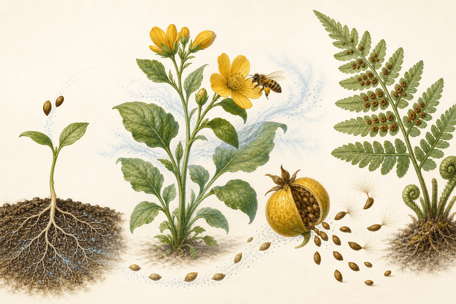植物生活史与多样性 科学教育插画:幼苗根系、开花植物与传粉昆虫、果实和种子传播、蕨类孢子囊共同展示植物生活史与多样性的线索;图中无文字。