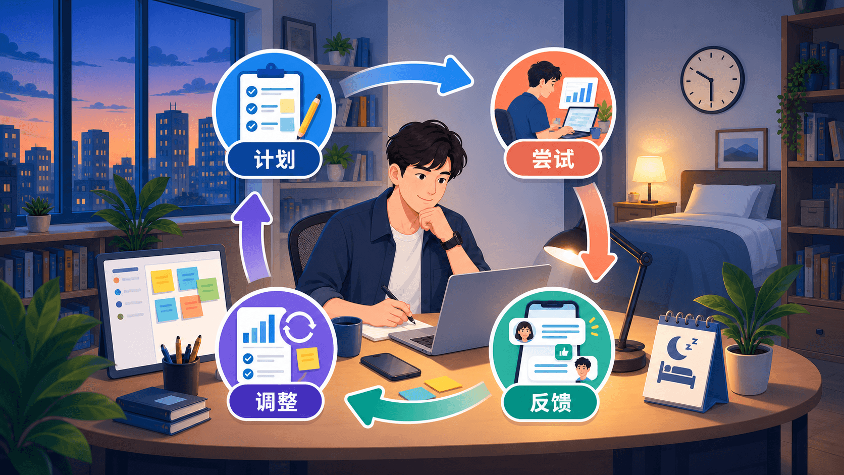 微计划复盘图:计划、尝试、反馈与调整形成小循环;未完成的计划提供信息,而不是证明一个人不够好。