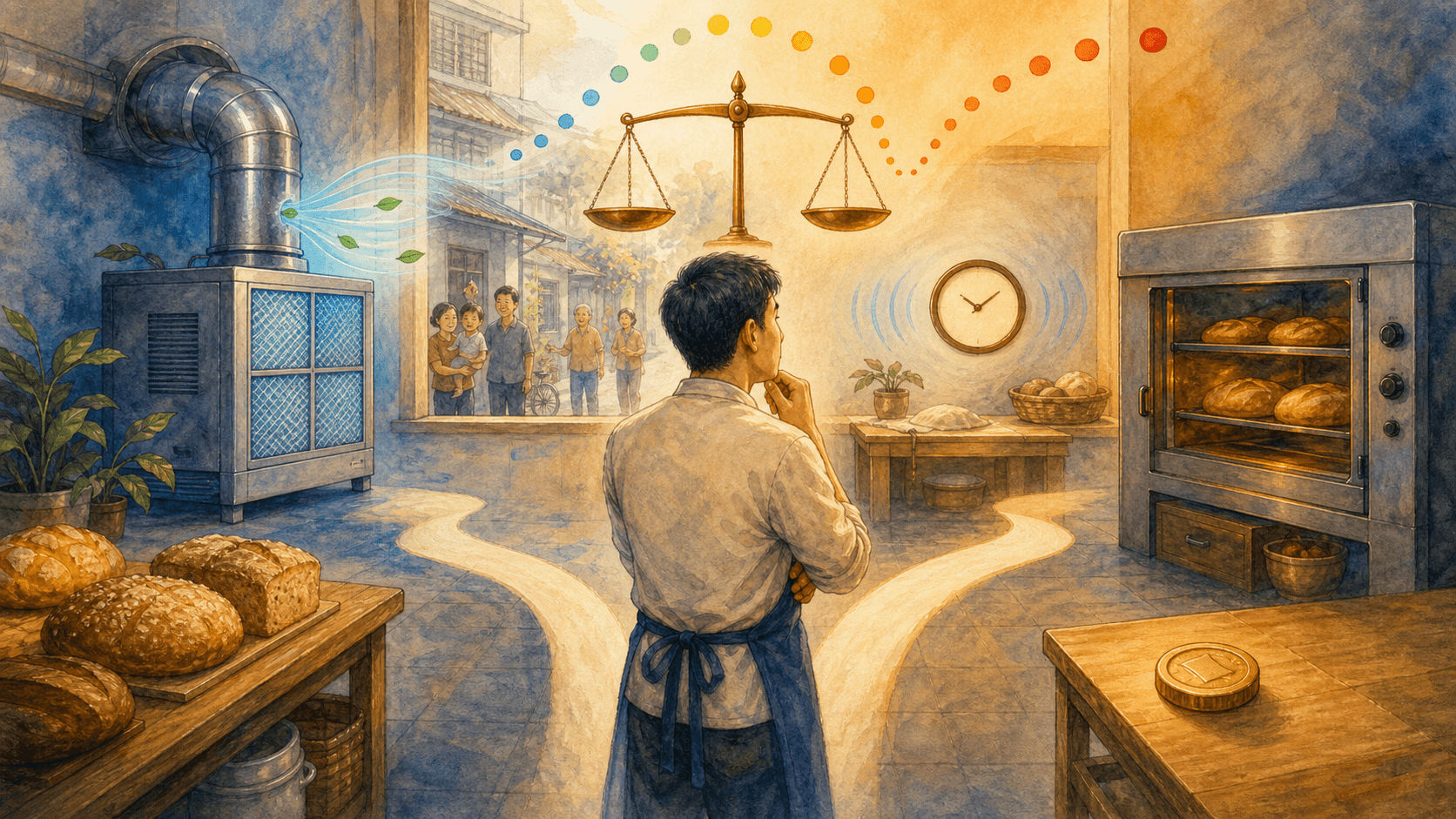 店主在过滤设备、调整烘烤时间和继续生产之间比较成本的情景