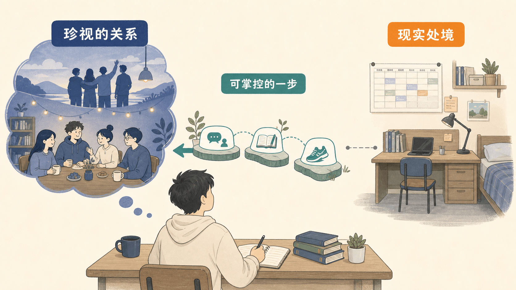 品质世界与现实之间的落差示意:珍视的关系与可控的小行动之间,仍需要看见真实处境与可获得的支持。