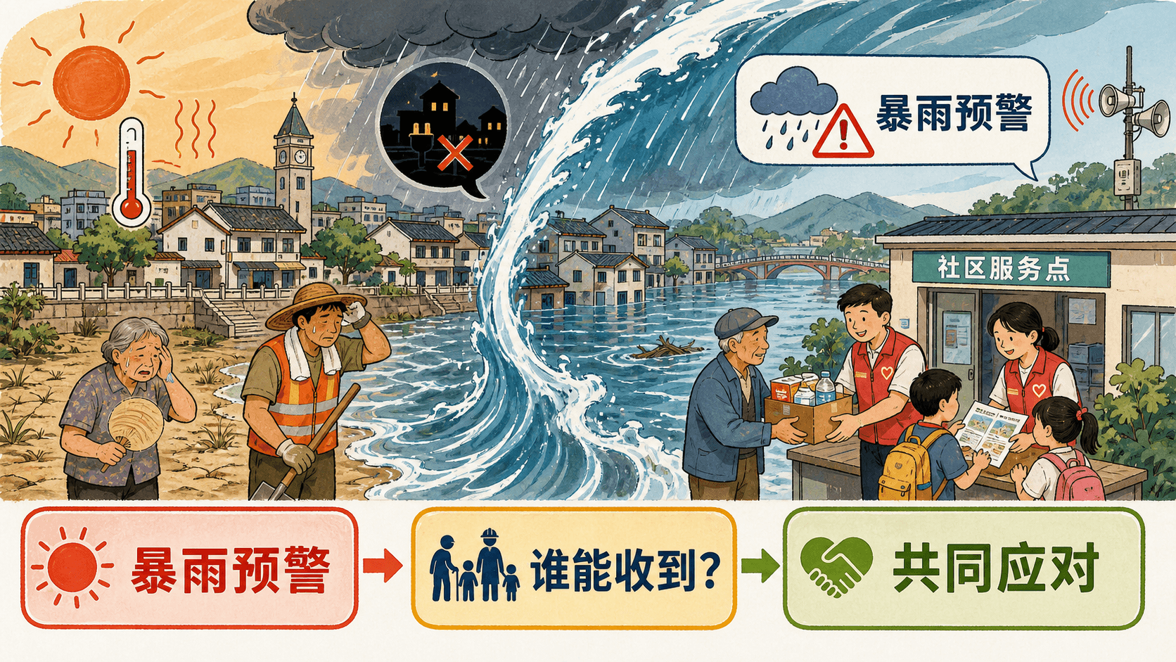 暴雨预警、断电情境与社区服务点共同构成的社区气候风险示意图
